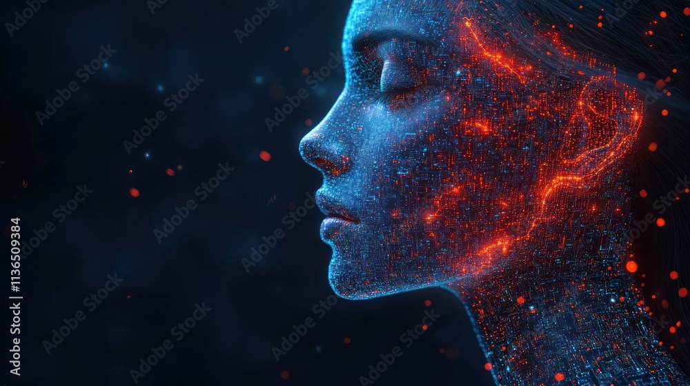 Profile woman with digital glowing particles