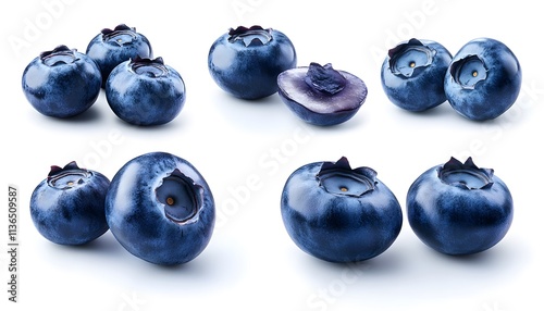 A set of Blueberry isolated on a white background. It includes whole,halved and slice, all with full depth of field. --ar 7:4