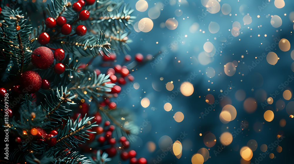 Winter Wonderland: A close-up of a frosted pine branch adorned with vibrant red berries and ornaments against a backdrop of twinkling lights and shimmering snow. Winter Wonderland: A close-up of a frosted pine branch adorned with vibrant red berries and ornaments against a backdrop of twinkling lights and shimmering snow.