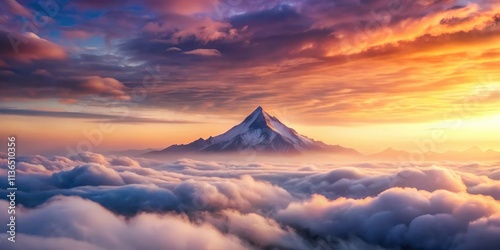 Serene Sunrise Over a Majestic Snow-Capped Peak Rising Above a Sea of Clouds