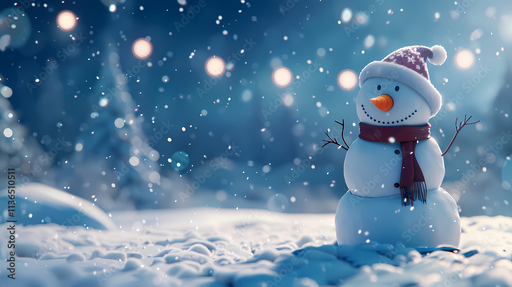 Snowman in Winter Wonderland: A cheerful snowman stands proudly in a snowy winter landscape, illuminated by twinkling lights and falling snowflakes. Snowman in Winter Wonderland: A cheerful snowman stands proudly in a snowy winter landscape, illuminated by twinkling lights and falling snowflakes.