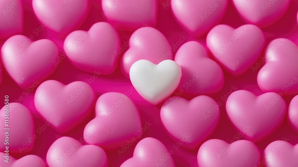 Close-up of Pink Heart-Shaped Candies Arranged in Pattern with White Candy on Top, Adorable Romantic Background for Valentine's Day Celebration
Close-up of Pink Heart-Shaped Candies Arranged in Pattern with White Candy on Top, Adorable Romantic Background for Valentine's Day Celebration