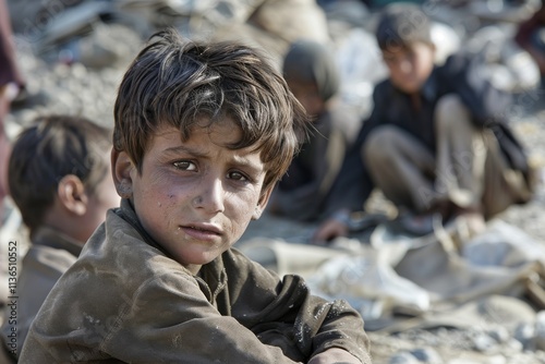 A young boy sitting on the dusty ground in a desolate landscape, looking contemplative and weary, highlighting the struggles of childhood in challenging environments. photo