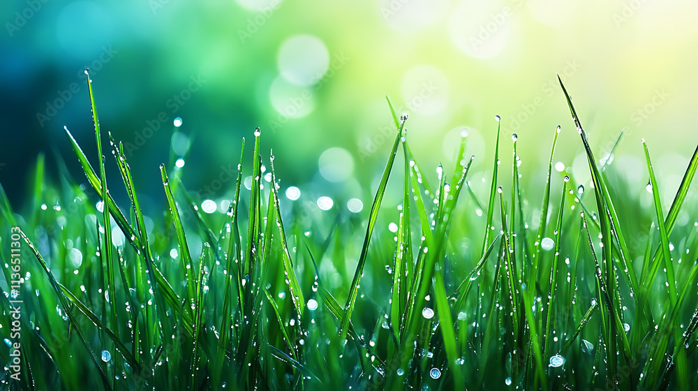 Fototapeta premium Fresh morning dew on tall grass with subtle natural tones in the background, showcasing crisp details and an airy atmosphere