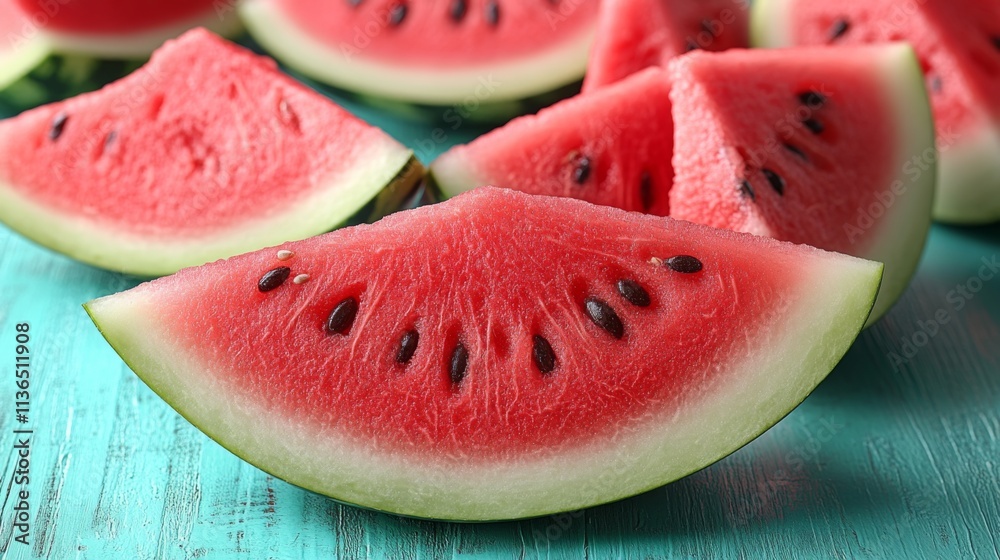 Sliced watermelon wedges on a blue background with bright colors Sliced watermelon wedges on a blue background with bright colors