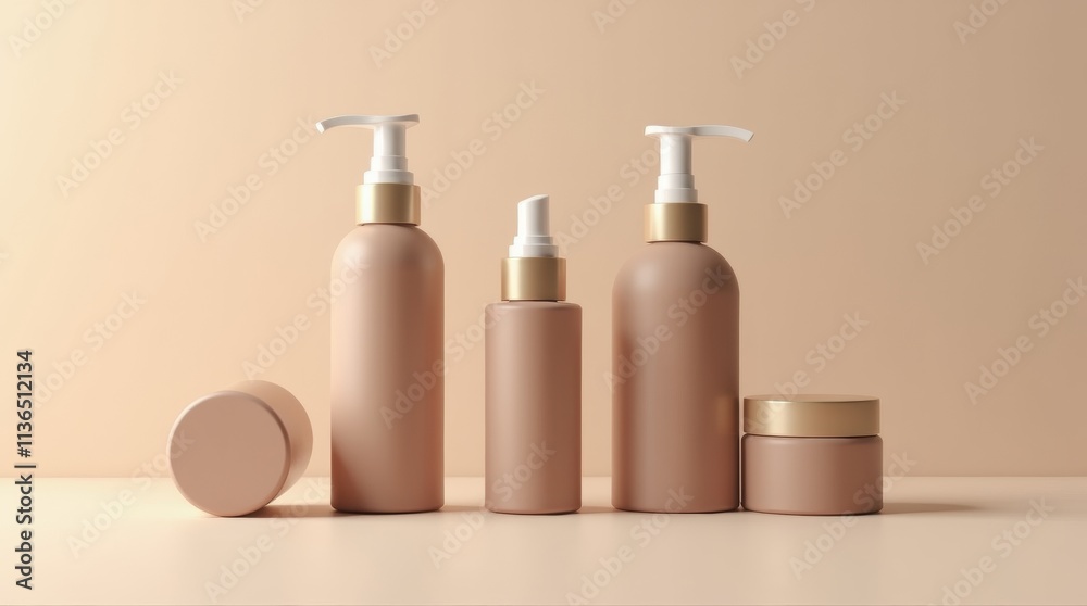 Minimalist cosmetic bottles on neutral background for beauty and skincare branding Mocha Mousse Color Minimalist cosmetic bottles on neutral background for beauty and skincare branding Mocha Mousse Color
