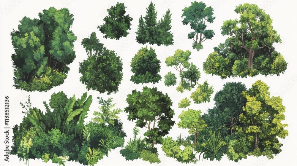 This image features a variety of tree illustrations, each adorned with lush green foliage, representing nature's diversity and environmental richness vividly.