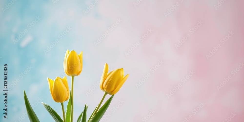 Three Yellow Tulips on a Pastel Background, a Symbol of Springtime Freshness and Delicate Beauty Three Yellow Tulips on a Pastel Background, a Symbol of Springtime Freshness and Delicate Beauty