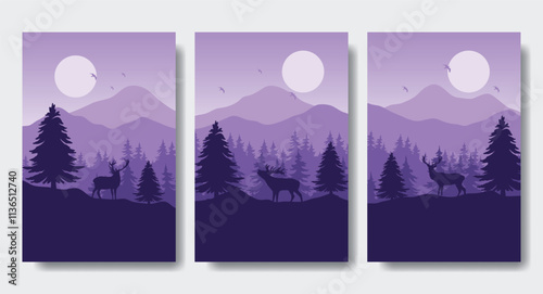 Deer in The Forest - Silhouette Design Set, Beautiful 2D Landscape Silhouette Wallpaper Set