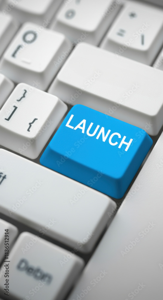 Blue launch button on a computer keyboard, symbolizing action and innovation Blue launch button on a computer keyboard, symbolizing action and innovation