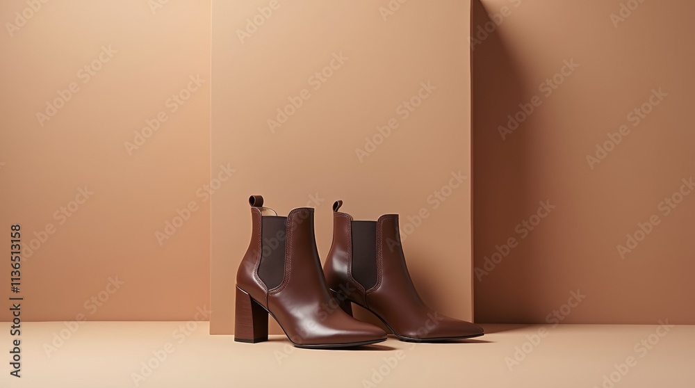 Stylish brown ankle boots against gradient background for fashion design and advertising Mocha Mousse Color background Stylish brown ankle boots against gradient background for fashion design and advertising Mocha Mousse Color background