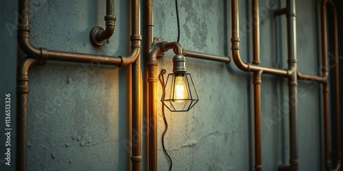 Industrial-style copper pipe wall fixture with illuminated caged bulb