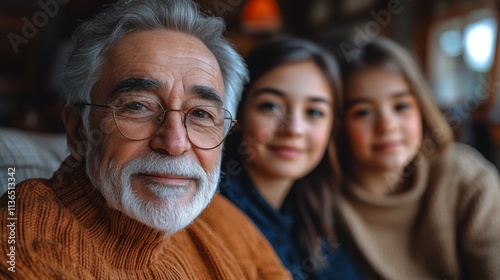 An endearing scene showcasing a grandfather with glasses, embracing his two smiling grandchildren indoors, symbolizing familial love and wisdom in a cozy atmosphere.