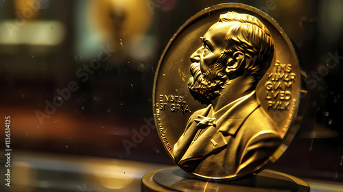 Nobel Peace Prize Medal: A close-up, intimate view of the Nobel Peace Prize Medal, gleaming golden against a blurred background.