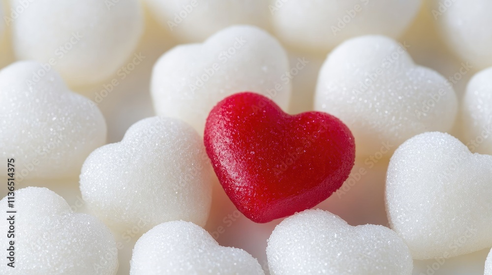 Fototapeta premium Red Heart-Shaped Candy on White Sugar Cubes with Blurred Background of Round Candies, Bright Shiny Plastic Texture Contrasts Smooth White Surface, Eye-Catching Color Depth 