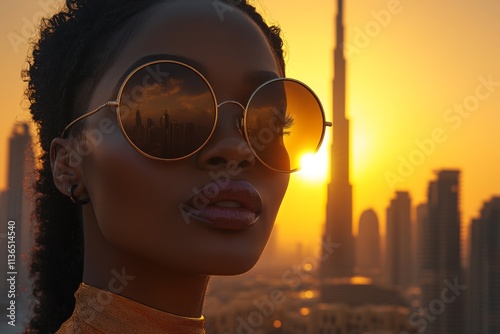 A fashionable woman poses confidently in the cityscape at sunset, wearing chic sunglasses and exuding elegance against a backdrop of urban silhouettes and golden skies. photo