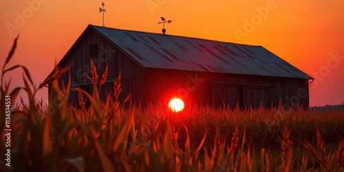 Rustic wooden barn silhouetted against a vibrant sunset, with tall plants in the foreground and a weather vane atop the barn.