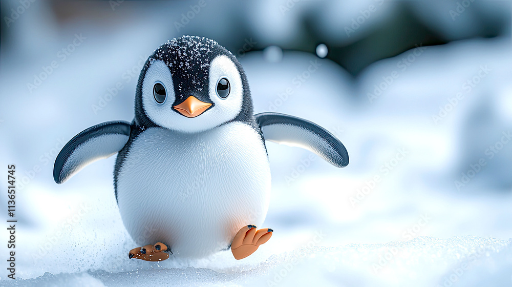 Obraz premium Cute penguin chick walking on snow.