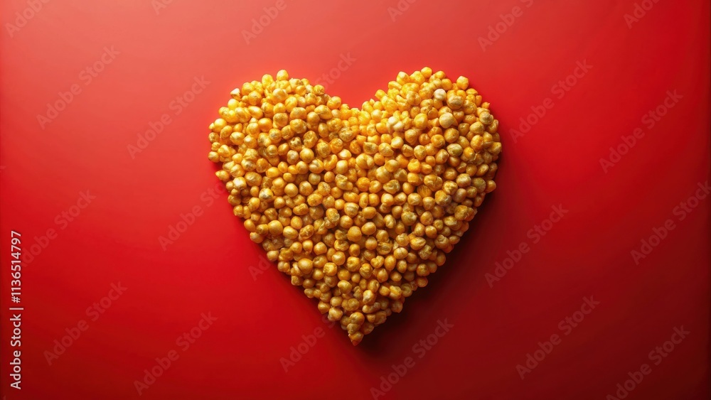 Golden popcorn arranged in a heart shape on a red background Golden popcorn arranged in a heart shape on a red background
