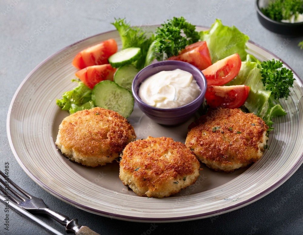 Generated image Norwegian fish cakes (fiskekaker) served with a side of remoulade and fresh vegetables Generated image Norwegian fish cakes (fiskekaker) served with a side of remoulade and fresh vegetables