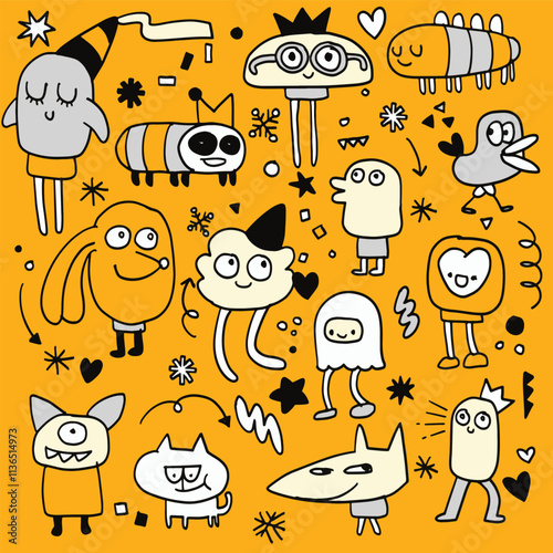 Colorful cartoon characters and whimsical creatures on orange background, featuring playful designs and cheerful expressions, perfect for children art or playful themes