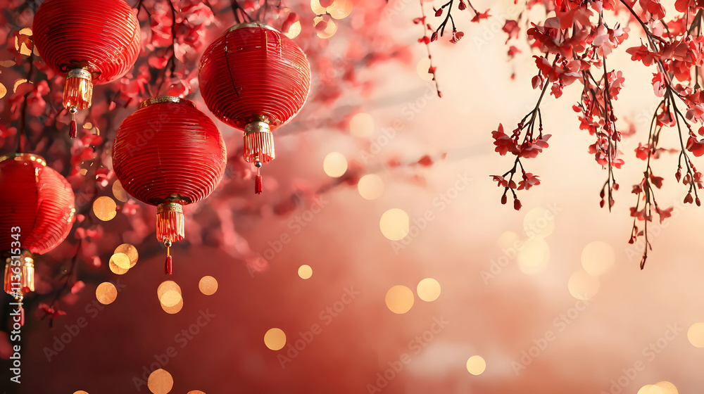 Obraz premium Red lanterns with blooming cherry. Festival Chinese New Year, Golden Week celebration with text room