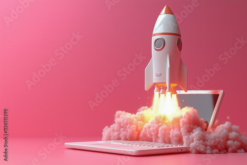 technology innovation startup concept white rocket launching from a laptop pink background.