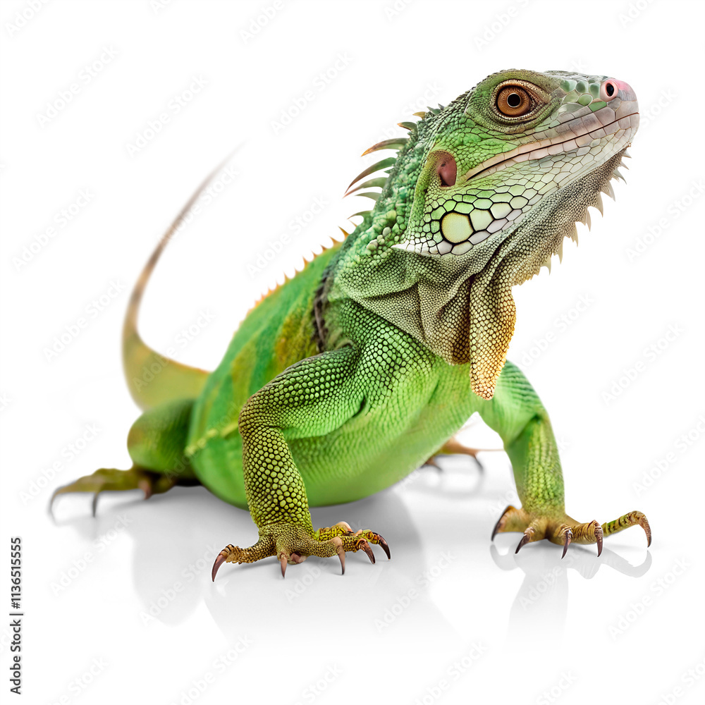Fototapeta premium An iguana with beautiful green scales, reptile pet, isolated with transparent background and shadow