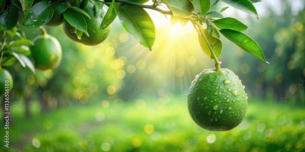 Sunlit Green Fruit Hanging from Branch in Lush Orchard Sunlit Green Fruit Hanging from Branch in Lush Orchard