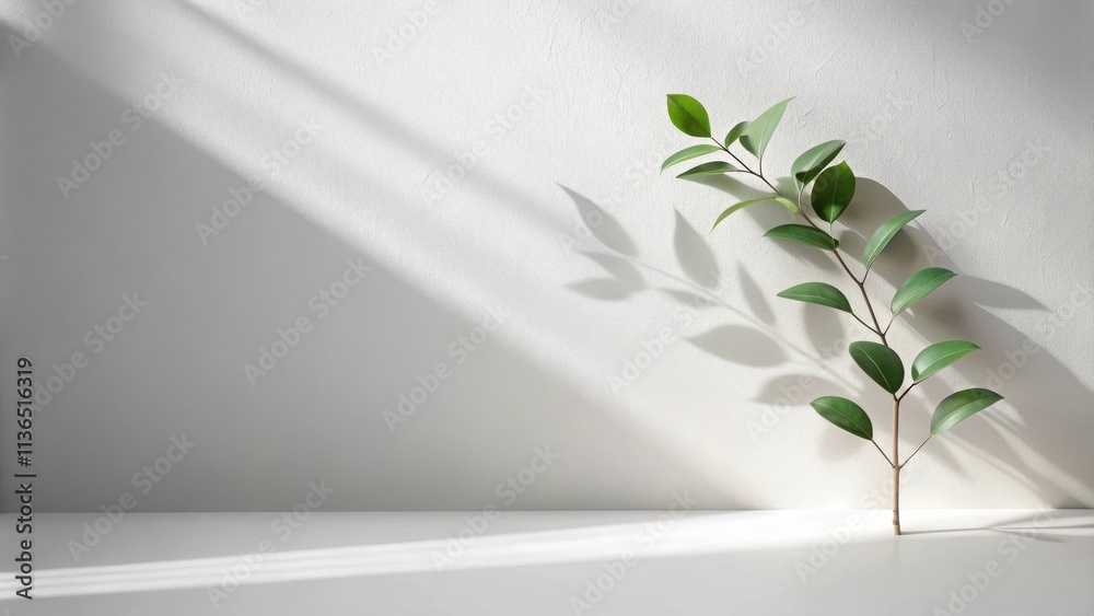 Sunlight illuminates a single green plant branch against a white wall, casting dramatic shadows on a minimalist surface Sunlight illuminates a single green plant branch against a white wall, casting dramatic shadows on a minimalist surface