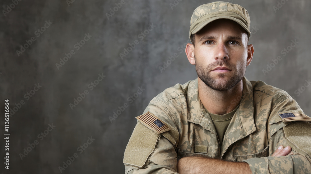 serious man in military uniform poses confidently against textured background. His expression reflects determination and pride in his service