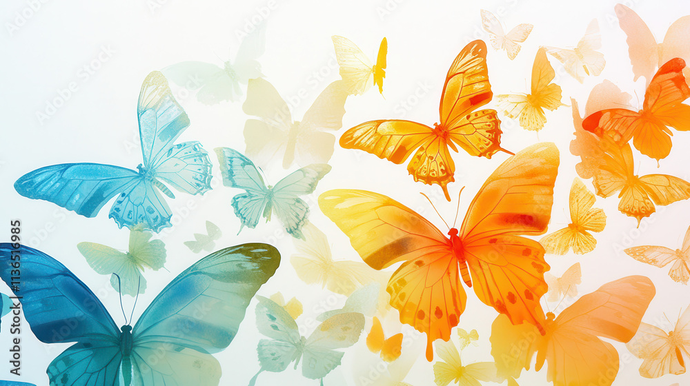 A minimalist cut-out style design of vibrant watercolor butterflies, vivid gradients of blue, yellow A minimalist cut-out style design of vibrant watercolor butterflies, vivid gradients of blue, yellow