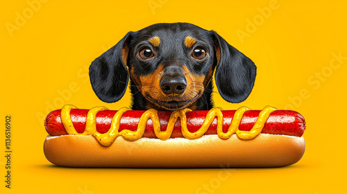 Dachshund dog behind hotdog. photo