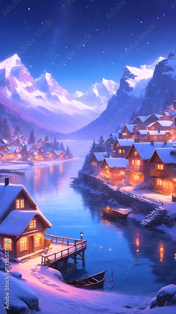 Obraz premium Coastal Christmas Wonderland: Snowy Village by the Sea. Generative AI