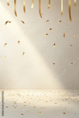 Elegant Gold Confetti and Ribbon Celebration Background. A Festive and Joyful Decor for Any Occasion.