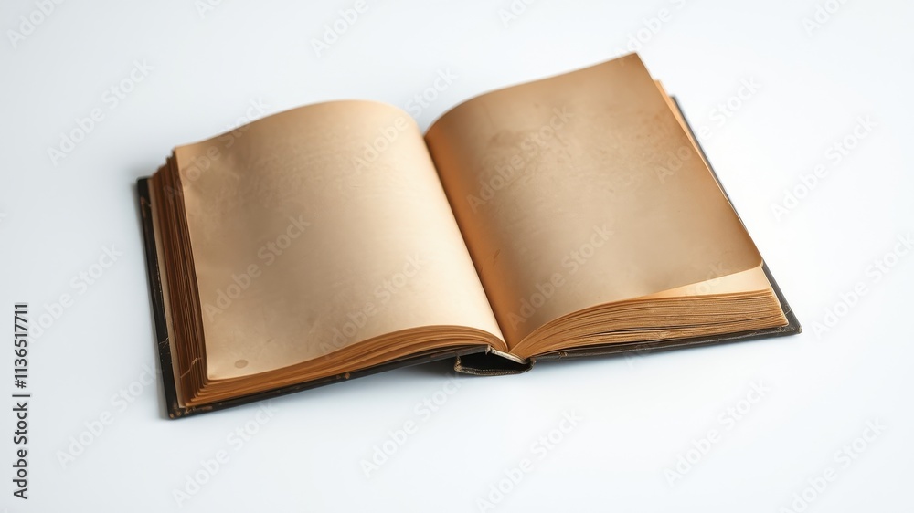 An antique book lies open, revealing aged, blank pages ready for stories yet untold An antique book lies open, revealing aged, blank pages ready for stories yet untold