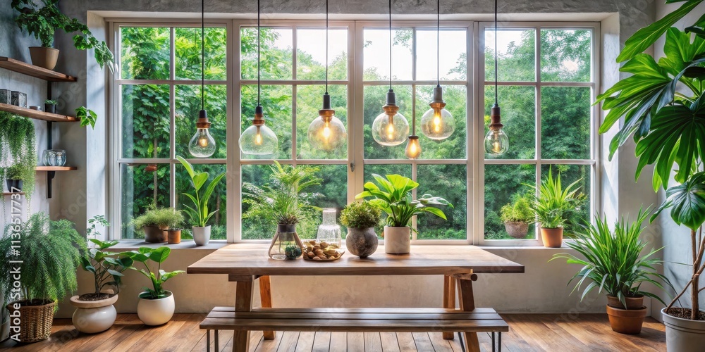 Bright Sunlight Illuminates a Rustic Wooden Dining Table Surrounded by Lush Indoor Plants and Hanging Edison Bulbs Bright Sunlight Illuminates a Rustic Wooden Dining Table Surrounded by Lush Indoor Plants and Hanging Edison Bulbs
