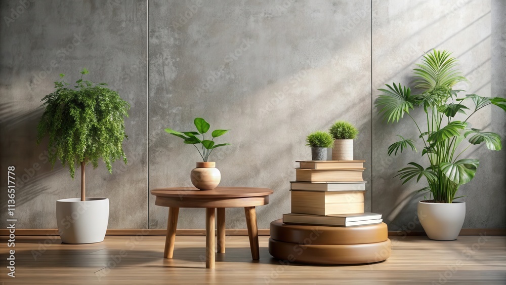 Serene Interior Design Wooden Coffee Table, Stacked Books, and Lush Potted Plants in a Minimalist Room Setting Serene Interior Design Wooden Coffee Table, Stacked Books, and Lush Potted Plants in a Minimalist Room Setting