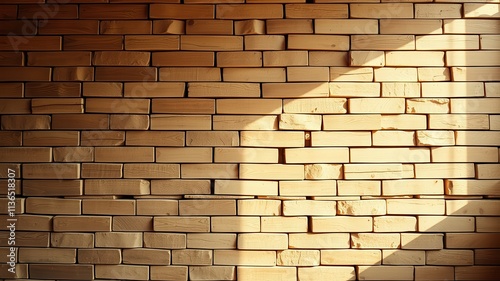 Warm Sunlight Illuminates a Textured Wooden Brick Wall