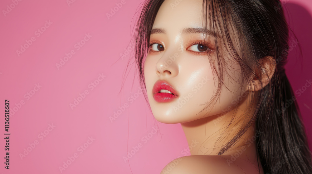 stunning portrait of Asian woman with flawless skin and soft makeup, set against vibrant pink background. Her expression is confident and captivating, showcasing beauty and elegance stunning portrait of Asian woman with flawless skin and soft makeup, set against vibrant pink background. Her expression is confident and captivating, showcasing beauty and elegance