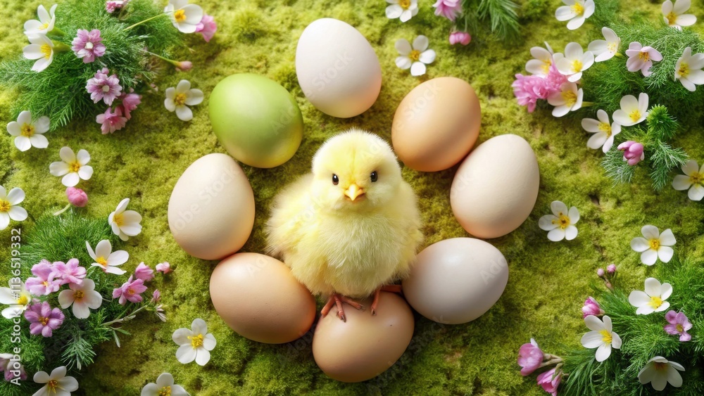 A fluffy chick surrounded by pastel eggs and delicate spring blossoms on a bed of moss A fluffy chick surrounded by pastel eggs and delicate spring blossoms on a bed of moss