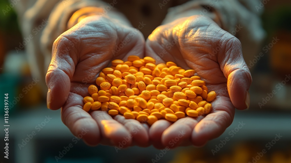 In a warm setting, a close-up shows elderly hands presenting a heap of bright orange pills, representing care, health attention, and the passage of time's impacts.