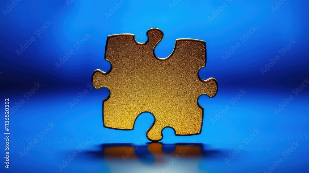 Golden Puzzle Piece on Blue Background Concept of Solution, Connection, and Completion Golden Puzzle Piece on Blue Background Concept of Solution, Connection, and Completion
