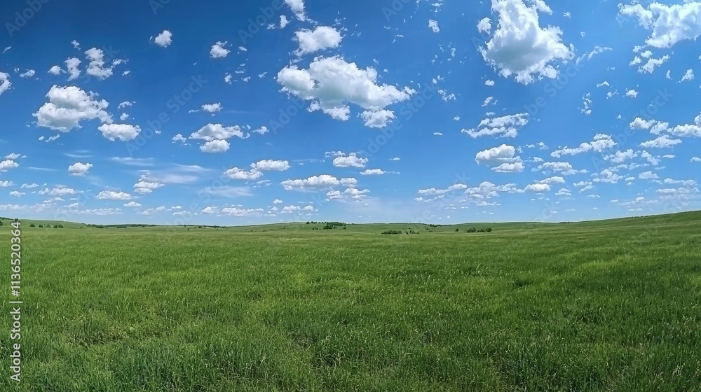 Obraz premium Expansive green grass field under a bright blue sky with scattered clouds 