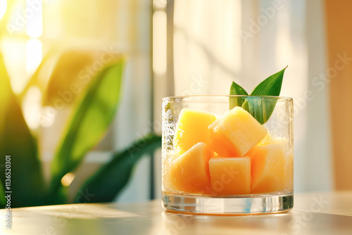 Frozen mango cubes in a glass bowl highlighting the trend of frozen fruits and berries as a refreshing and healthy snack.