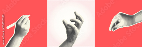 Trendy Halftone Collage Hand Gesture. Contemporary art. Vector illustration Pop Art Halftone Hands Sticker Banner.