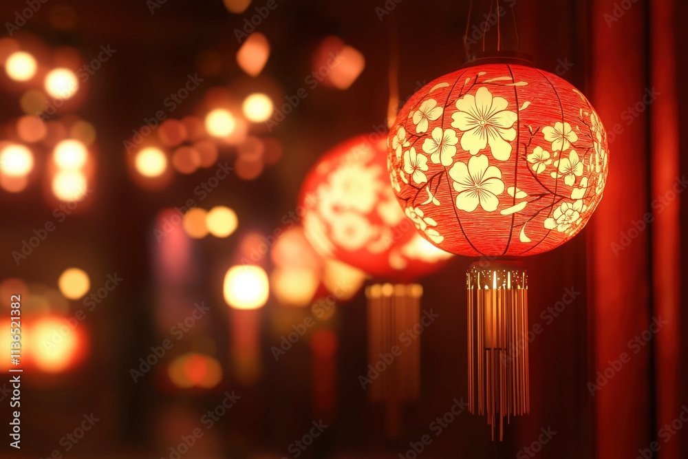 Red Chinese Lantern with Floral Design Red Chinese Lantern with Floral Design