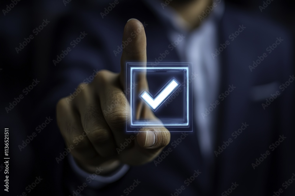 Businessman holding checkmark Businessman holding checkmark