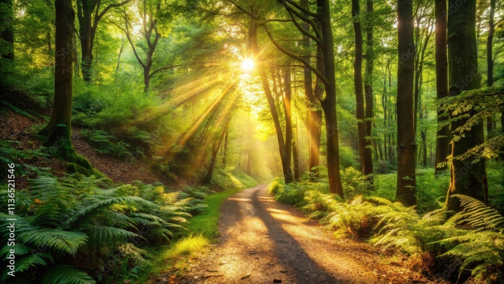 Fototapeta premium Sunlit Path Through Lush Green Forest with Ferns