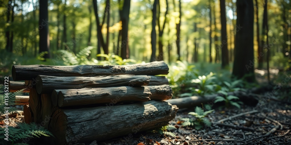 Rustic wooden log bench nestled in a sun-dappled forest setting Rustic wooden log bench nestled in a sun-dappled forest setting